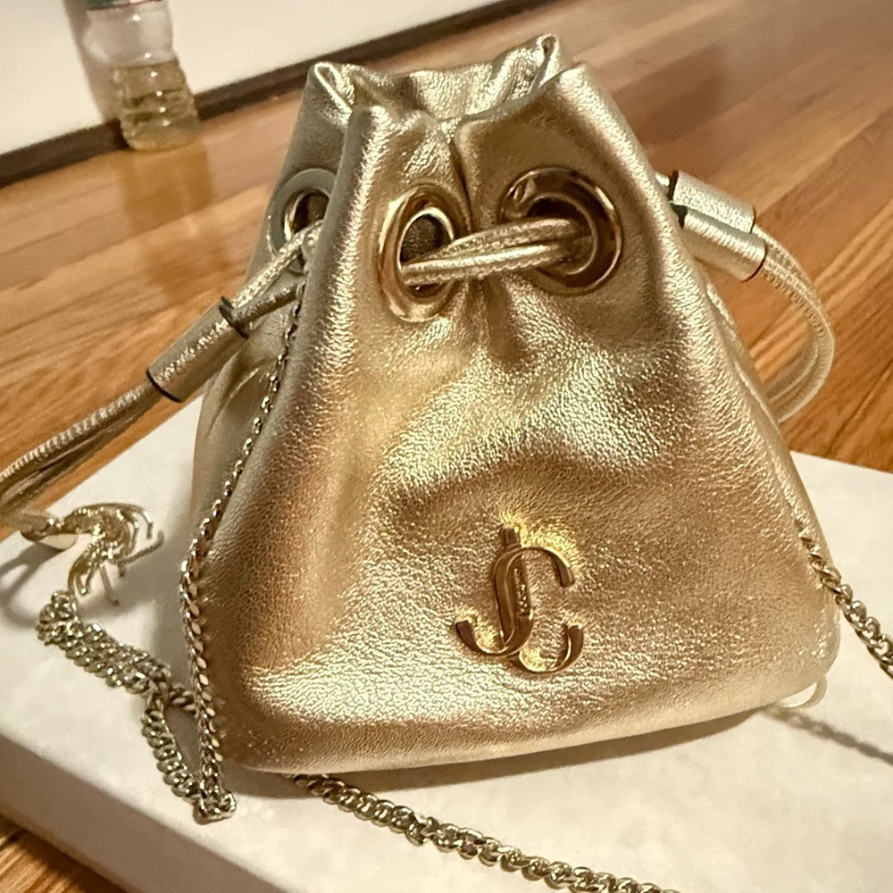 Jimmy Choo Metallic Gold Micro Bucket Bag